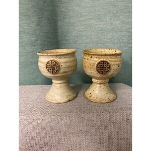 Pottery Celtic Knot Goblets Set of 2 Speckled Stoneware Chalice Cream